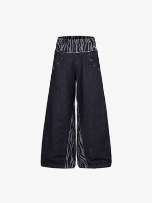 Dark Wide Leg Jeans with Zebra Print Panels – front flat | XoKool