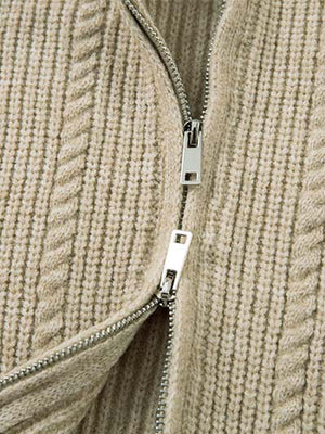 Knitted Vintage Floral Wheat Ear Pattern Double Zip Sweater - thumbnail 7