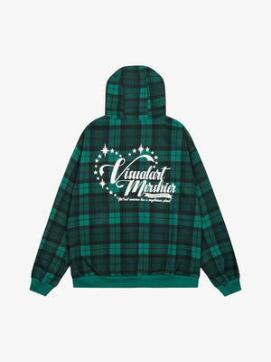 Retro Plaid Patch Embroidered Cardigan Hooded Sweatshirt - thumbnail 2