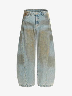 Light Wash Barrel Jeans with Dirty Spray Tint – Blue, front view | XoKool