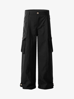 Wide Leg Cargo Pants with Button Tab Hem – Black, front view | XoKool