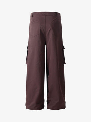 Wide Leg Cargo Pants with Button Tab Hem – Wine Red, back view | XoKool