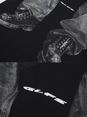 Denim illusion print tee – print close-up (boots) | XoKool