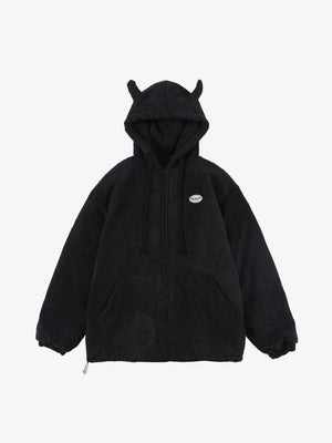 Chaqueta con capucha y cuernos de diablo – Negro, vista frontal en plano | XoKool