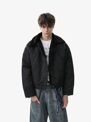 Deconstructed Patchwork Fur Collar Bomber Jacket - thumbnail 7