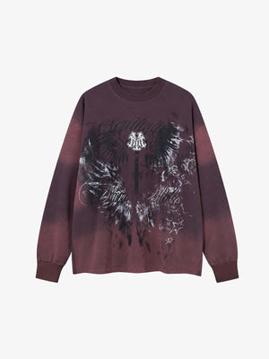 Dip Dye Long Sleeve Shirt with Wing Print – Burgundy, front flat | XoKool