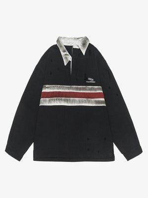 Distressed Long Sleeve Rugby Shirt in Black – Black, front view | XoKool