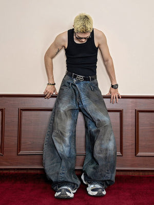 Dirty Wash Balloon Jeans with Knee Patch – on model, front leaning | XoKool