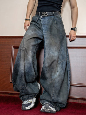 Dirty Wash Balloon Jeans with Knee Patch – on model, front | XoKool