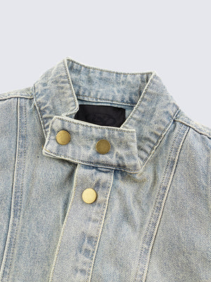 Dirty Wash Cropped Denim Jacket with Zip Pockets – collar and snap close-up | XoKool