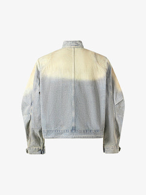 Dirty Wash Cropped Denim Jacket with Zip Pockets – Light Blue Vintage Wash, back view | XoKool