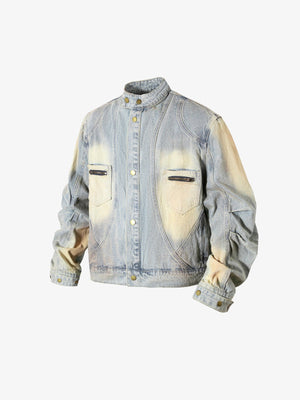 Dirty Wash Cropped Denim Jacket with Zip Pockets – Light Blue Vintage Wash, side view | XoKool