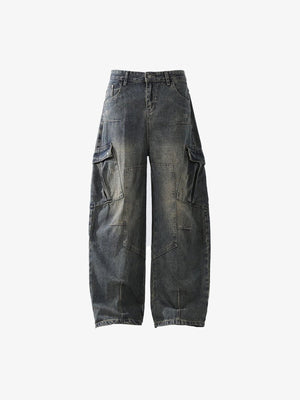 Jeans curvos con efecto sucio y bolsillos cargo – vista frontal, plano | XoKool