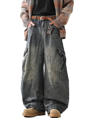 Dirty Wash Curved Jeans with Cargo Pockets – on model, front | XoKool