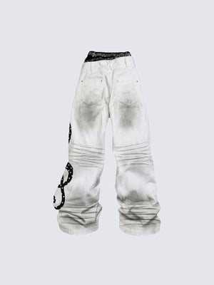 Dirty White Wide Leg Jeans with Black Graphic – back flat | XoKool