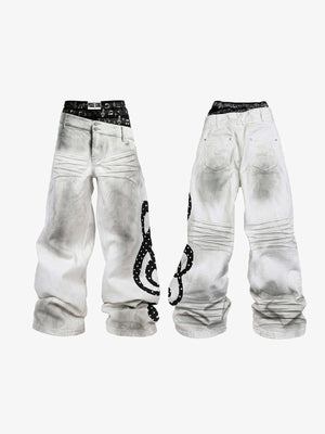 Dirty White Wide Leg Jeans with Black Graphic – front + back flat | XoKool