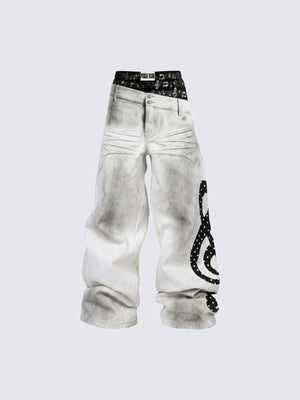 Dirty White Wide Leg Jeans with Black Graphic – White, front flat | XoKool