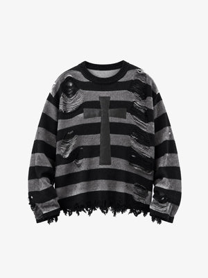 Distressed Black and Grey Striped Cross Sweater – Black Grey Stripe, front view | XoKool