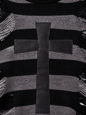 Distressed Black and Grey Striped Cross Sweater – cross patch and body close-up | XoKool