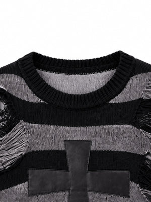 Distressed Black and Grey Striped Cross Sweater – neckline and cross patch close-up | XoKool