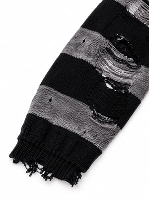 Distressed Black and Grey Striped Cross Sweater – sleeve distressing close-up | XoKool