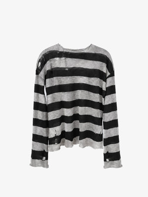 Distressed Black and Grey Striped Knit Sweater – front view flat | XoKool