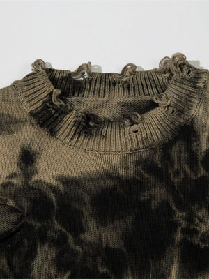 Distressed Black and Khaki Tie Dye Knit Sweater – frayed neckline close-up | XoKool
