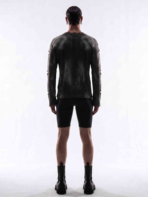 Distressed Black and Red Raglan Long Sleeve Shirt – on model back | XoKool