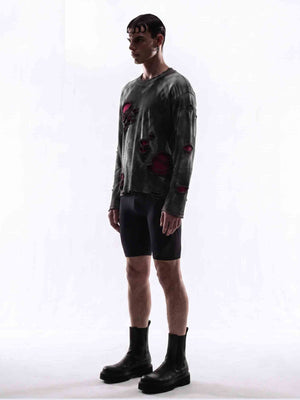 Distressed Black and Red Raglan Long Sleeve Shirt – on model side | XoKool