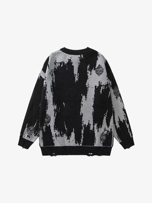Distressed Brushstroke Graphic Knit Sweater – Black Grey, back view | XoKool