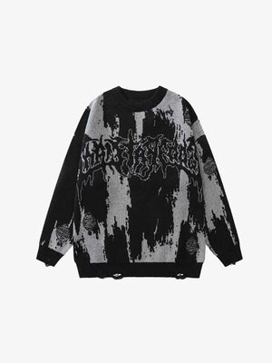 Distressed Brushstroke Graphic Knit Sweater – Black Grey, front view | XoKool