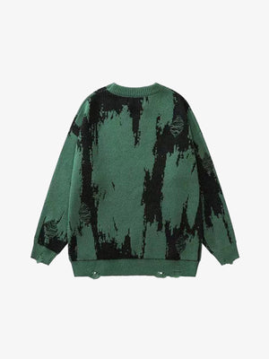 Distressed Brushstroke Graphic Knit Sweater – Green, back view | XoKool