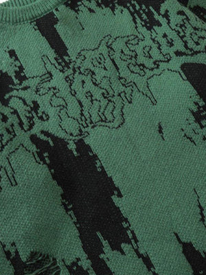 Brushstroke knit sweater – Green, chest lettering close-up | XoKool