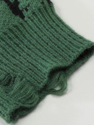 Brushstroke knit sweater – Green, distressed cuff close-up | XoKool
