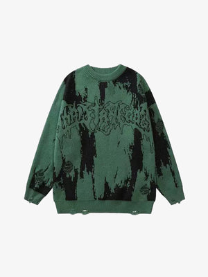 Distressed Brushstroke Graphic Knit Sweater – Green, front view | XoKool