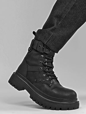 Distressed Buckle Strap Lace Up Combat Boots – on model, side view | XoKool