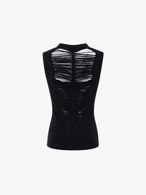 Distressed Cutout Sleeveless Knit Top with Mock Neck – back view | XoKool