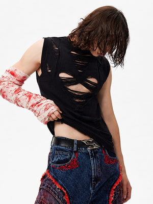 Distressed Cutout Sleeveless Knit Top with Mock Neck – on model front | XoKool