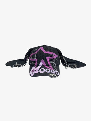 Bunny ear cap – Black Purple Star, front view, ears out | XoKool
