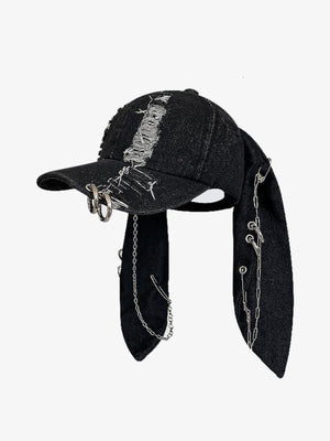 Distressed Denim Bunny Ear Cap with Chains – Black, side view | XoKool