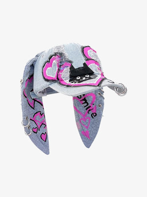 Distressed Denim Bunny Ear Cap with Chains – Light Blue Cat, front-side view | XoKool