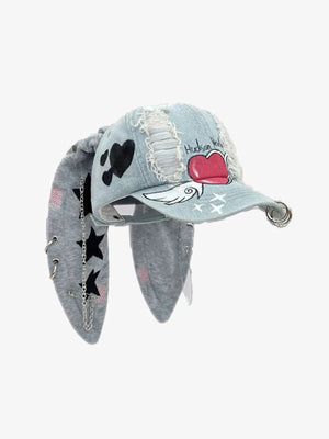 Distressed Denim Bunny Ear Cap with Chains – Light Blue Heart, side view | XoKool