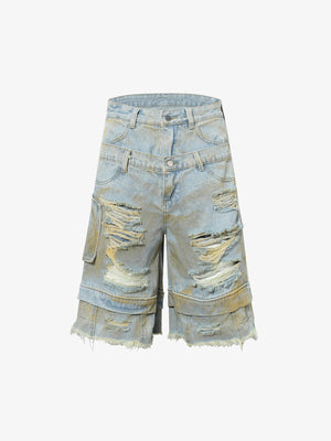 Jorts cargo rotos con lavado sucio – Azul claro lavado sucio, vista frontal plana | XoKool