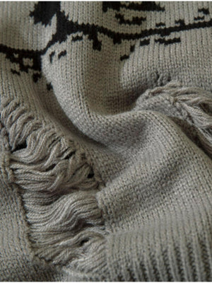 Face jacquard sweater – distressed rip close-up | XoKool