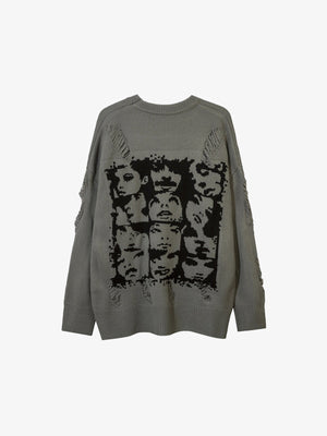 Distressed Face Jacquard Oversized Knit Sweater – Grey, back view | XoKool
