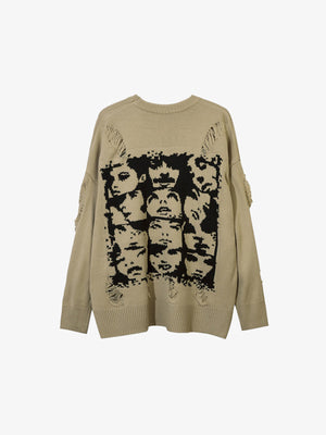 Face jacquard sweater – Khaki, back view | XoKool