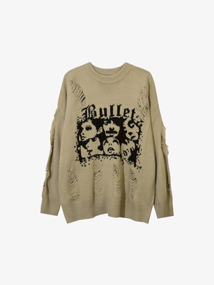 Distressed Face Jacquard Oversized Knit Sweater – Khaki, front view | XoKool