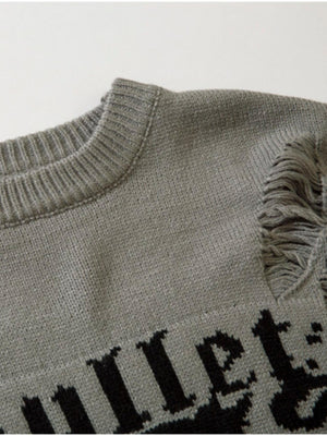 Face jacquard sweater – neckline and gothic letters close-up | XoKool