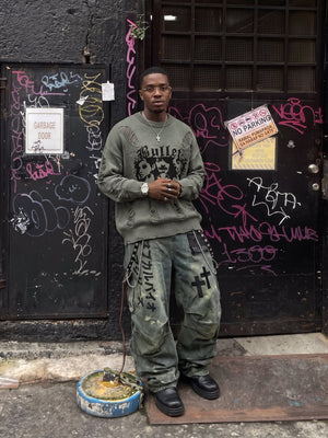 Distressed Face Jacquard Oversized Knit Sweater – on model, street photo | XoKool