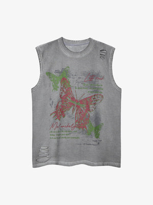 Camiseta sin mangas rasgada con mariposa gráfica, negra o gris – gris, vista frontal | XoKool